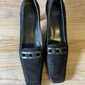 Stuart Weitzman Black Perforated Square Toe Heels Pumps